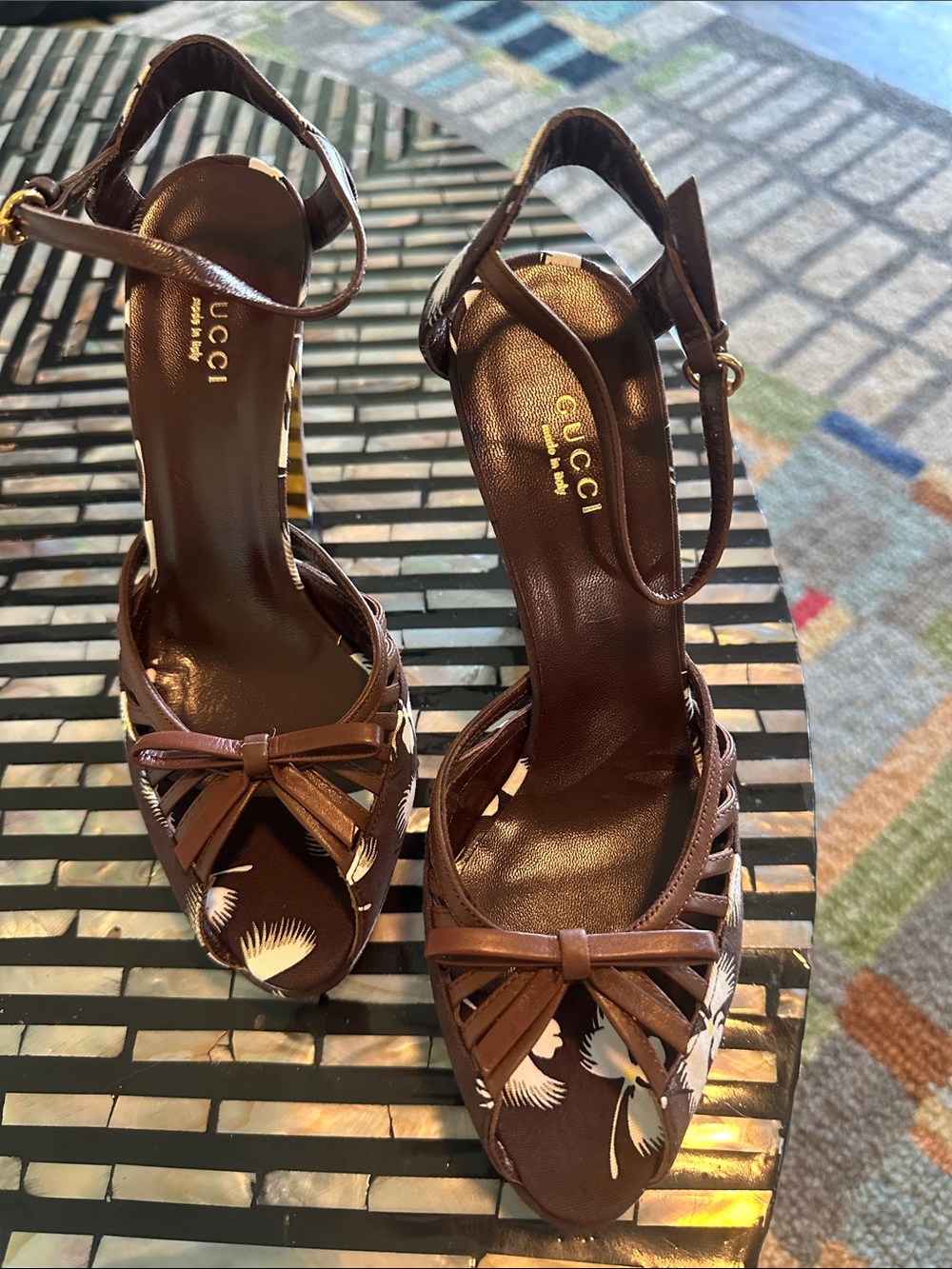 Gucci Brown Floral Leather Ankle-Strap Heels